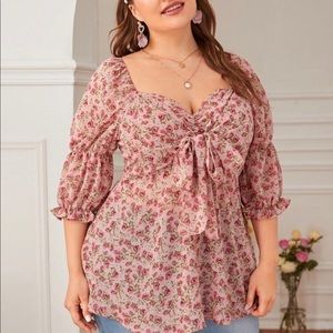 Plus Sweetheart Neck Tie Front Floral Print Blouse